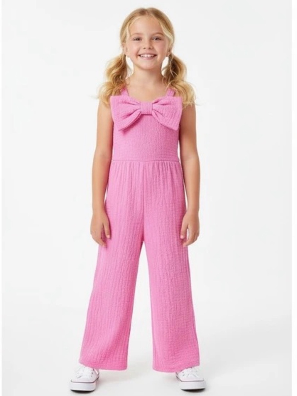 Zara Girls Hot Pink Textured Bow Wide Leg Jumpsuit Crinkle Stretch NWT Sz 13/14